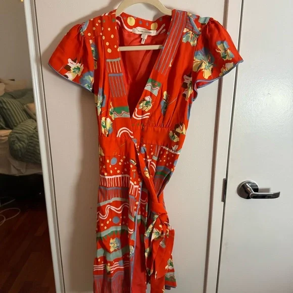 Marc Jacobs Silk Lined Red Print Wrap Midi Dress - Picture 2 of 5